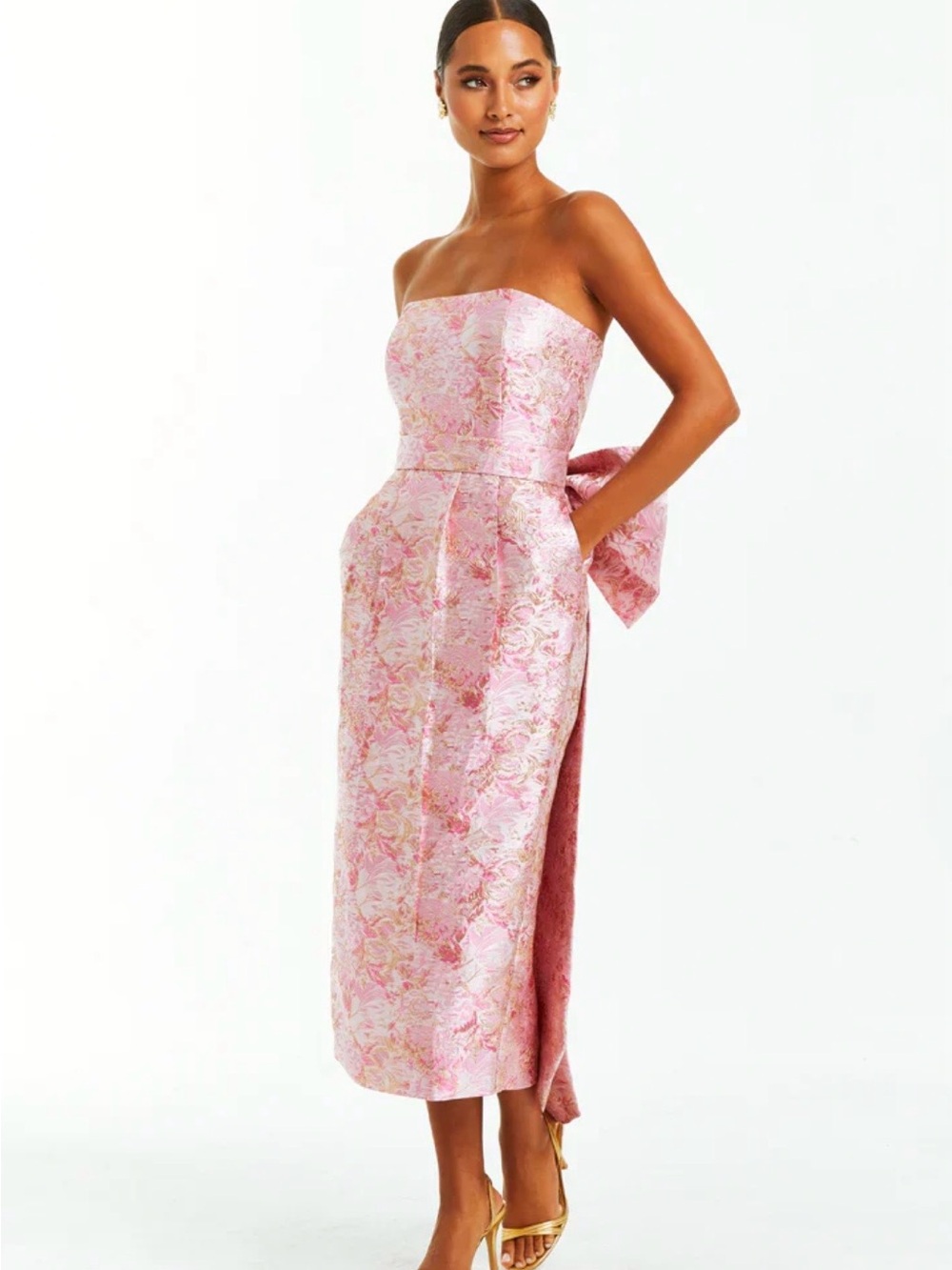 Strapless Pink Floral Jacquard Midi Dress with Back Bow